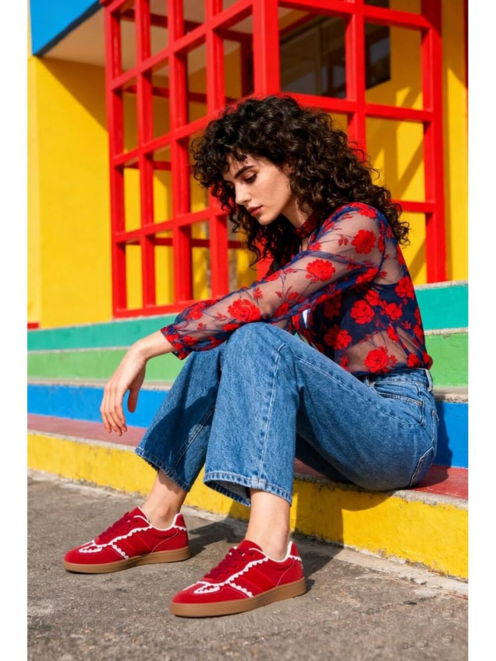 Women's Red Elegant Ribbon Lace Up Breathable Memory Foam Insole Sneakers - Picture 3 of 6